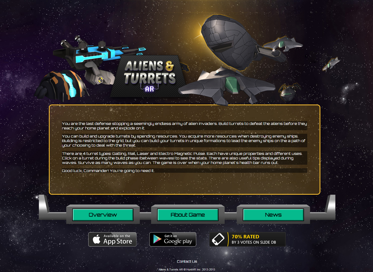 aliens and turrets augmented reality game app landing page project thumbnail